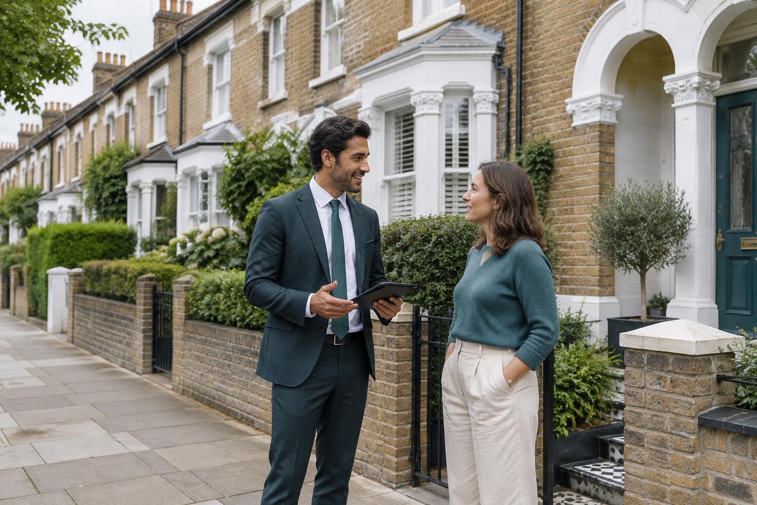 Illustration of an estate agent discussing a property with a homeowner on a British residential street