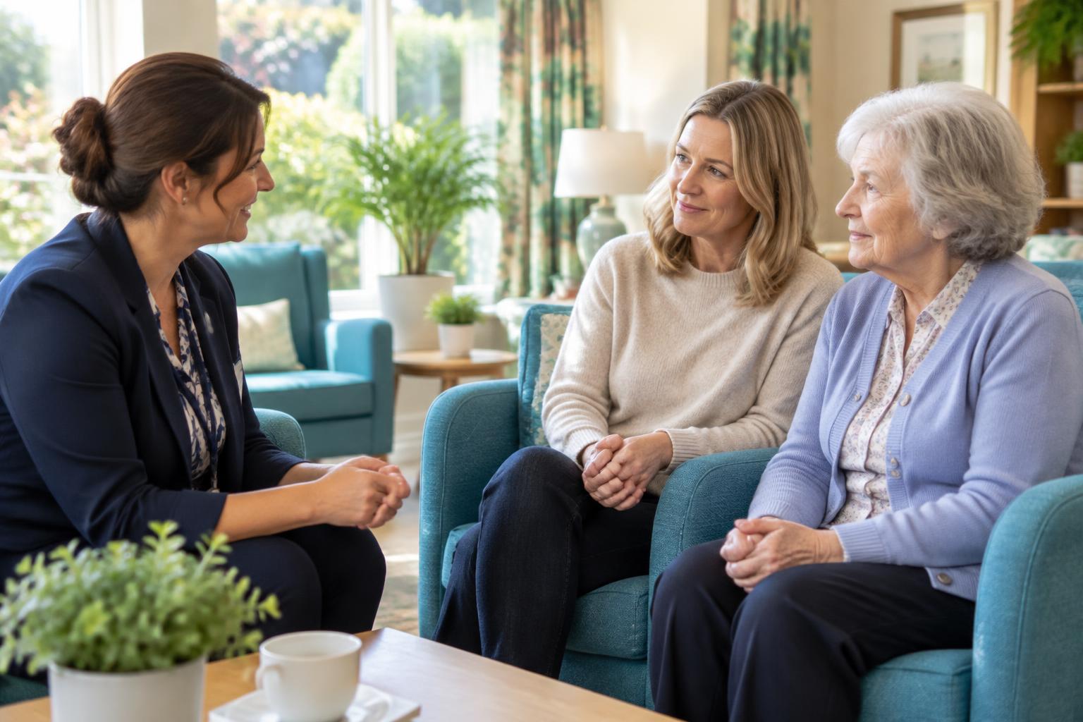 Care home manager welcoming an older woman and her adult daughter in a comfortable lounge