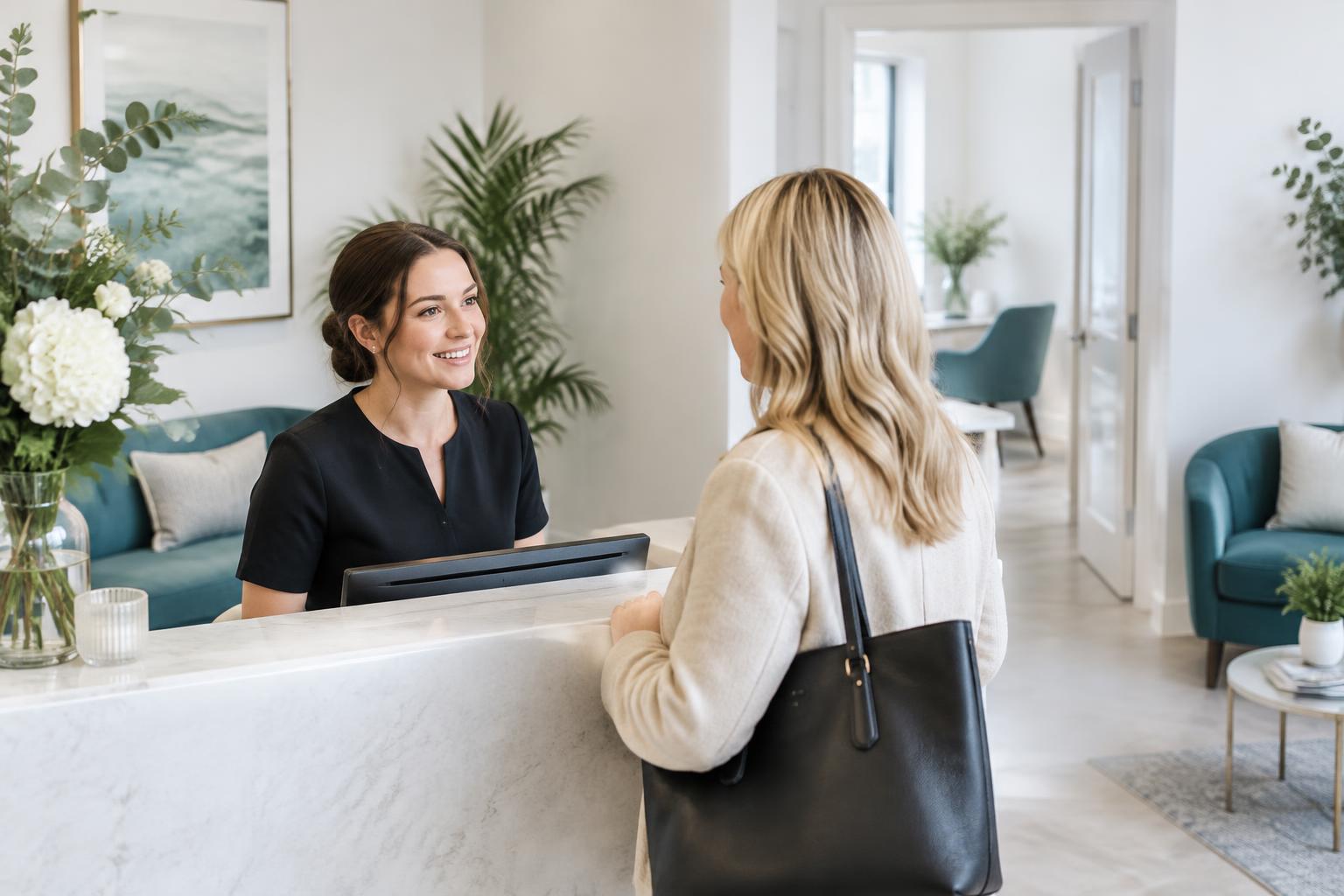 Receptionist welcoming an adult visitor at a bright aesthetic clinic reception