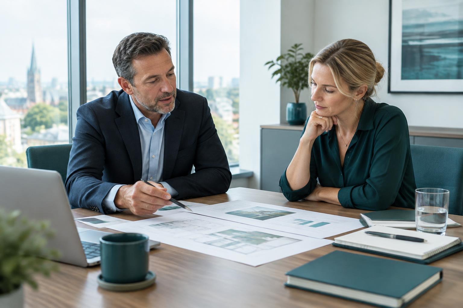 Consultant and business owner reviewing project plans across an office table