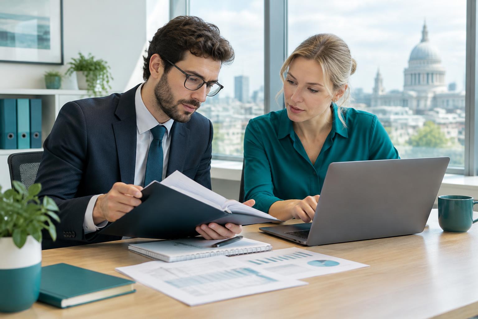 Two professional advisers reviewing a client folder in a bright office