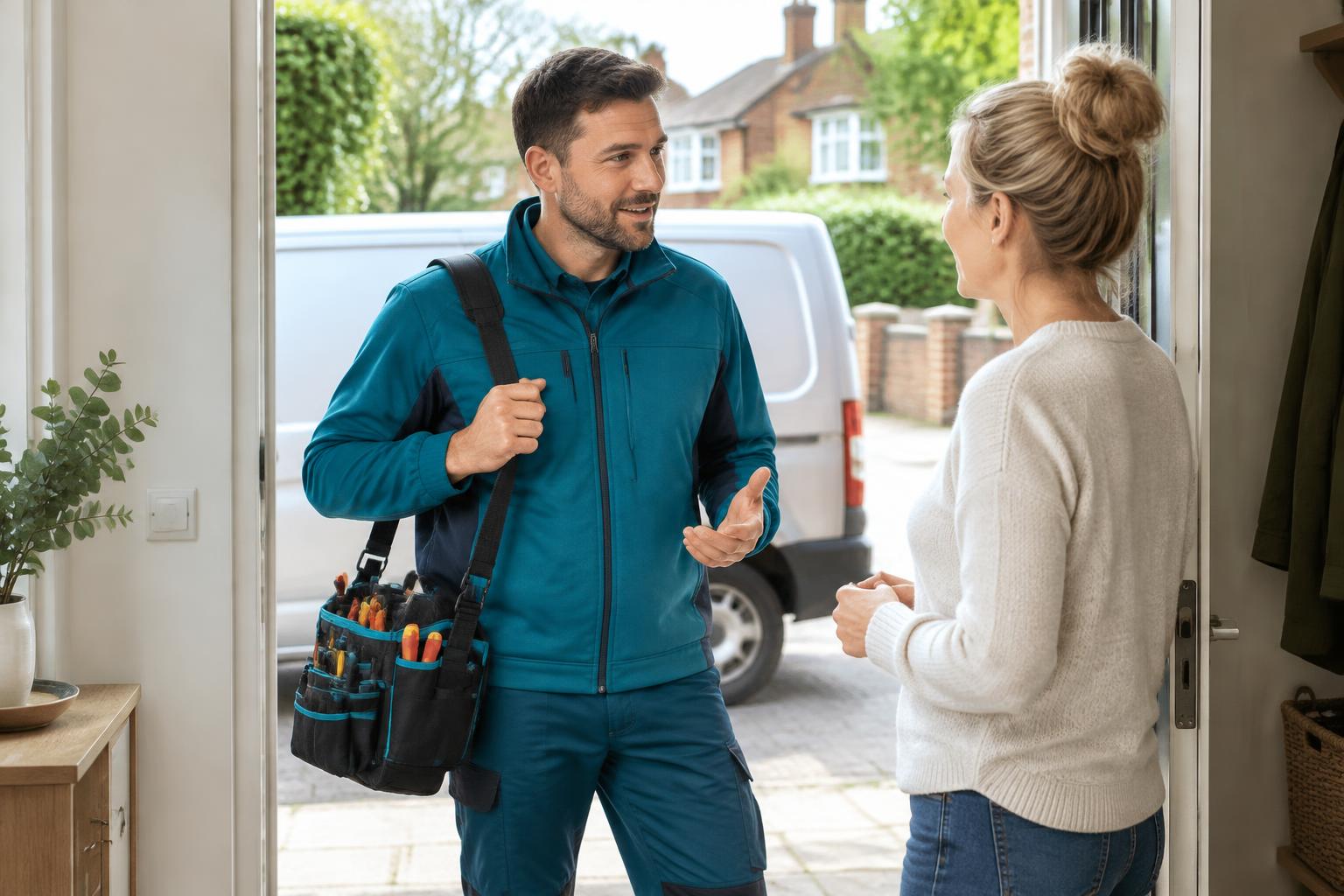 Home service professional with a tool bag discussing a job with a homeowner